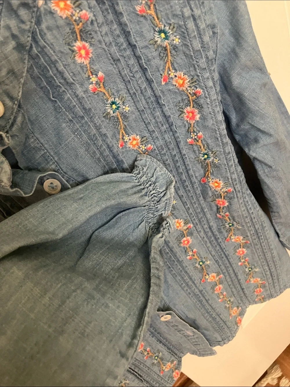 Bonton Light Blue Denim Jacket with Pink & Green Floral Embroidery
